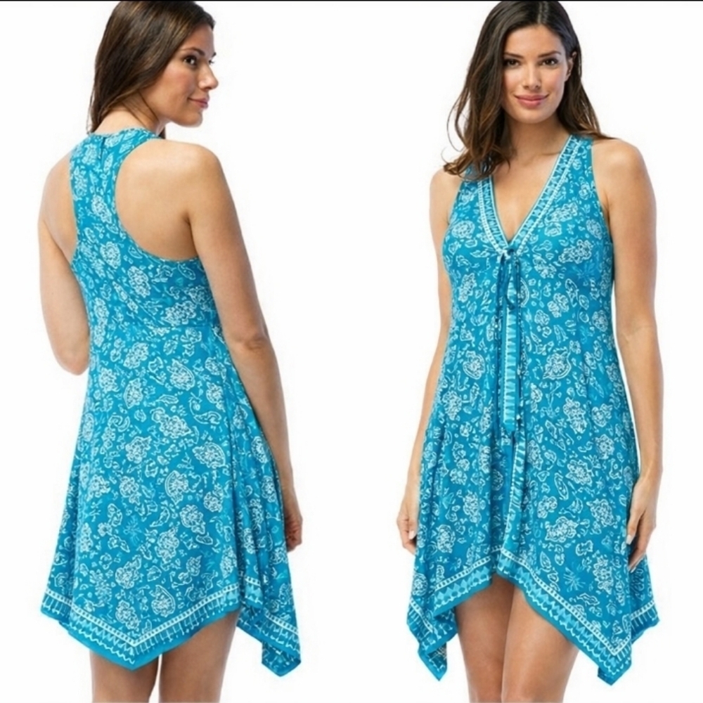 Coco Reef Cover Up Dress blue white sleeveless stretch asymetric vneck Stretch M